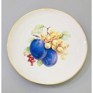 Vintage NC Fruit Orchard Plate 7.75” Plum Grapes Dessert Gold Trim Porcelain